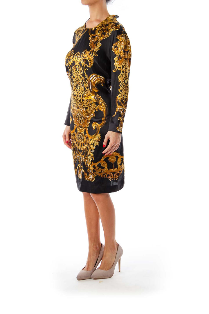 Black & Gold Print Silk Dress