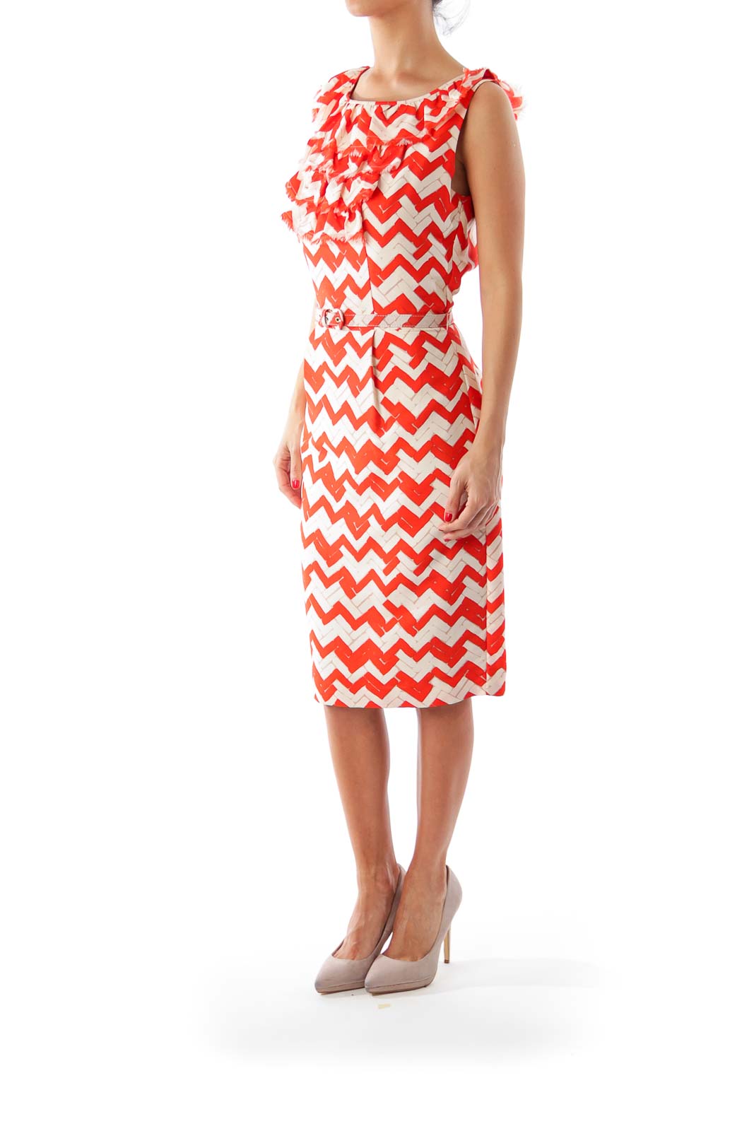 White & Red Zig Zag Belted Dress