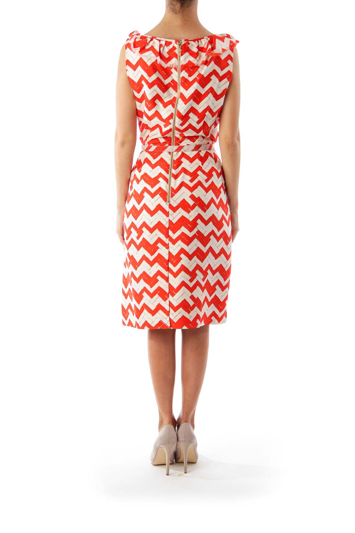 White & Red Zig Zag Belted Dress