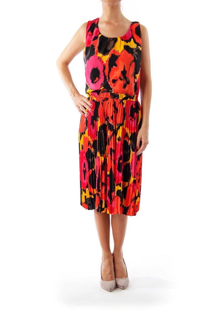 Red & Black Pattern Print A-Line Dress