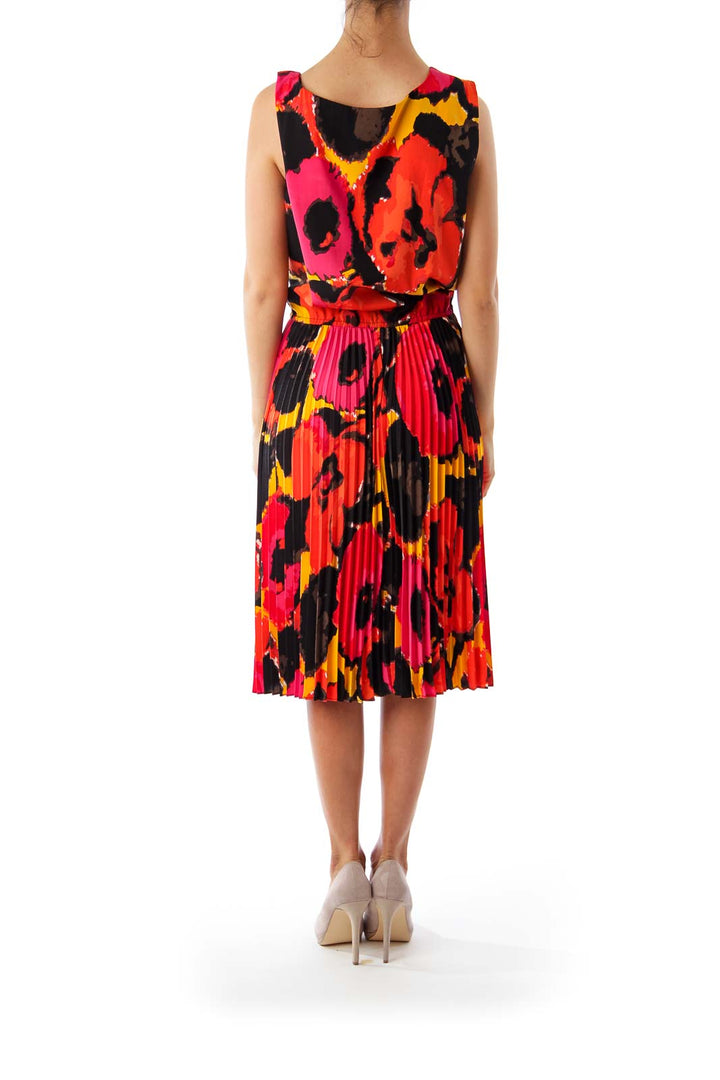 Red & Black Pattern Print A-Line Dress