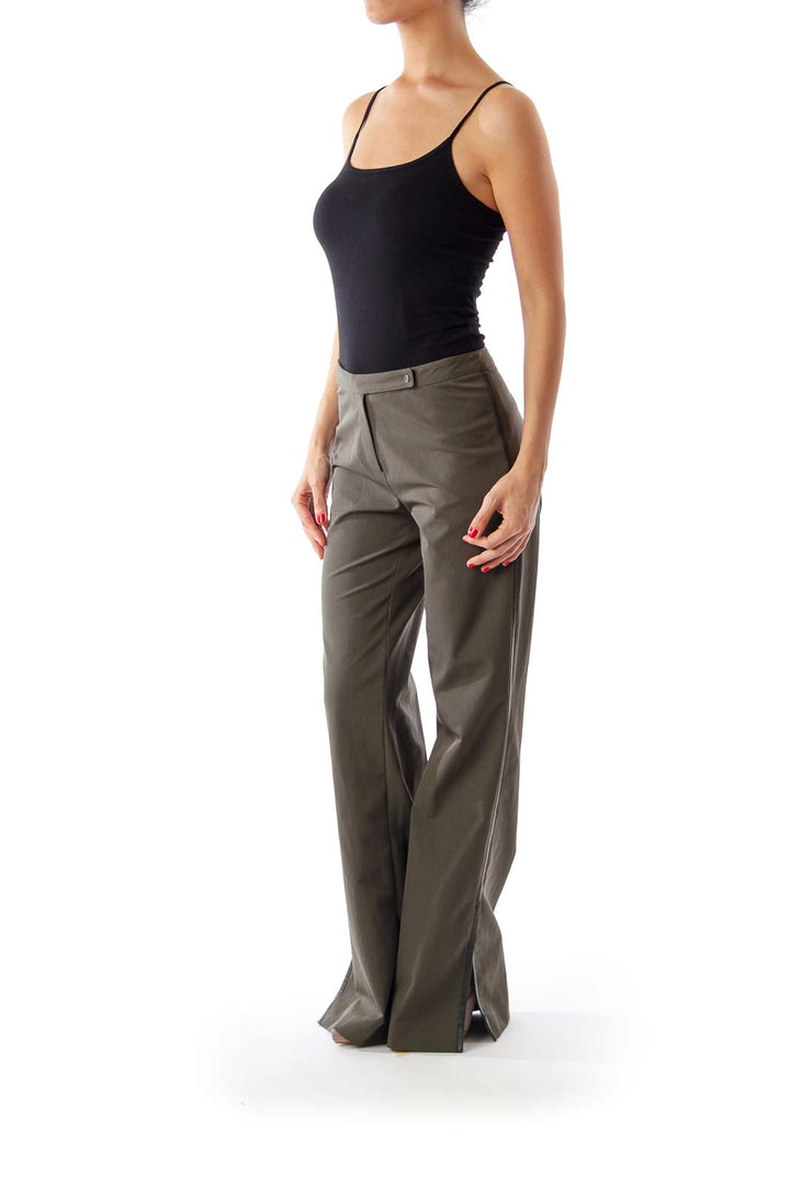 Army Green Leather Trim Wide Leg Pants