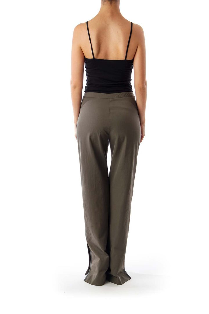 Army Green Leather Trim Wide Leg Pants