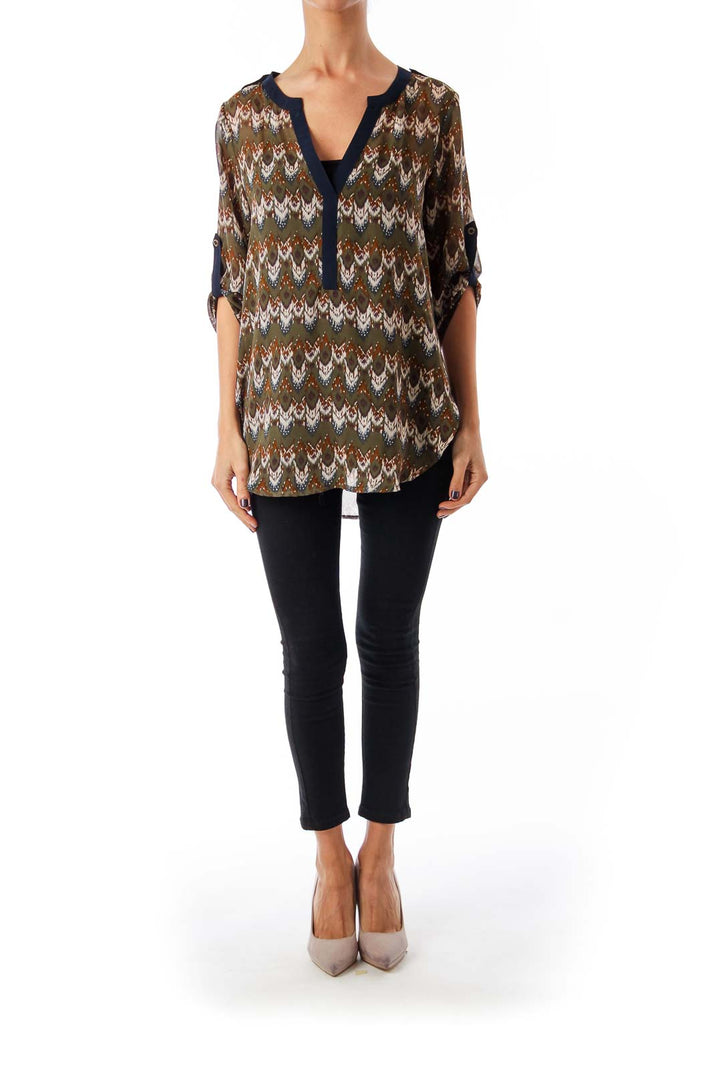 Army Green Bohemian Print Blouse