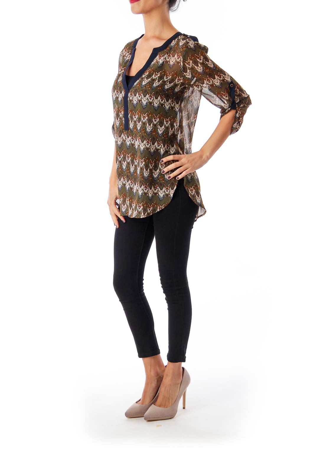 Army Green Bohemian Print Blouse