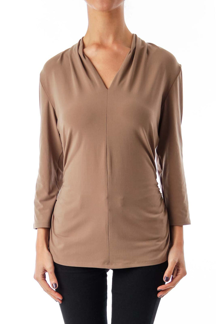 Taupe Stretch V-neck Top