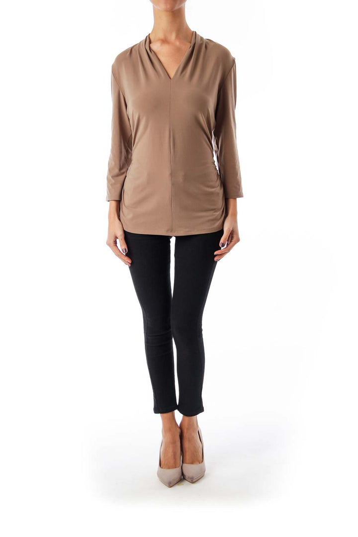 Taupe Stretch V-neck Top