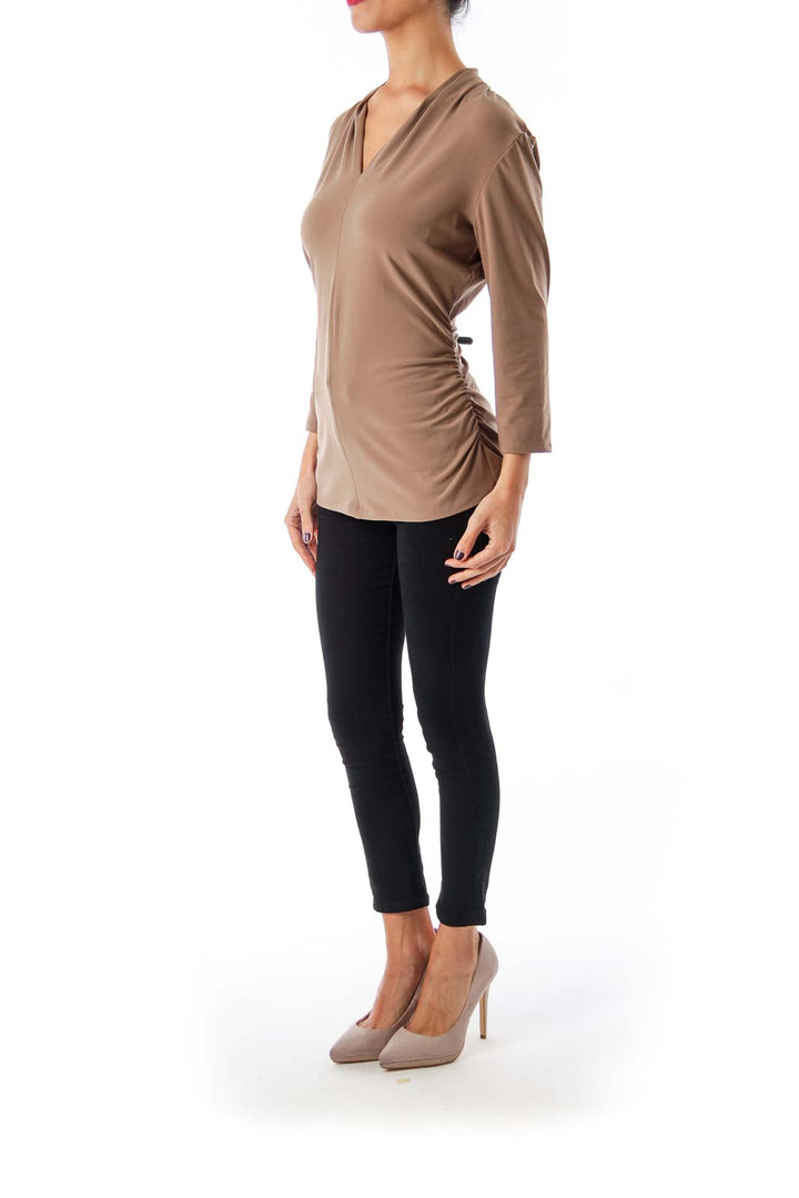 Taupe Stretch V-neck Top