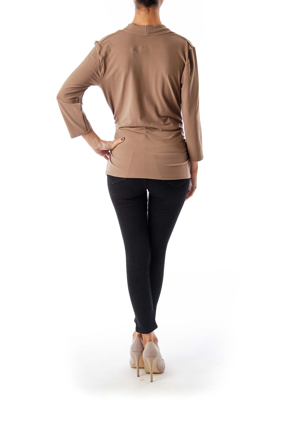 Taupe Stretch V-neck Top