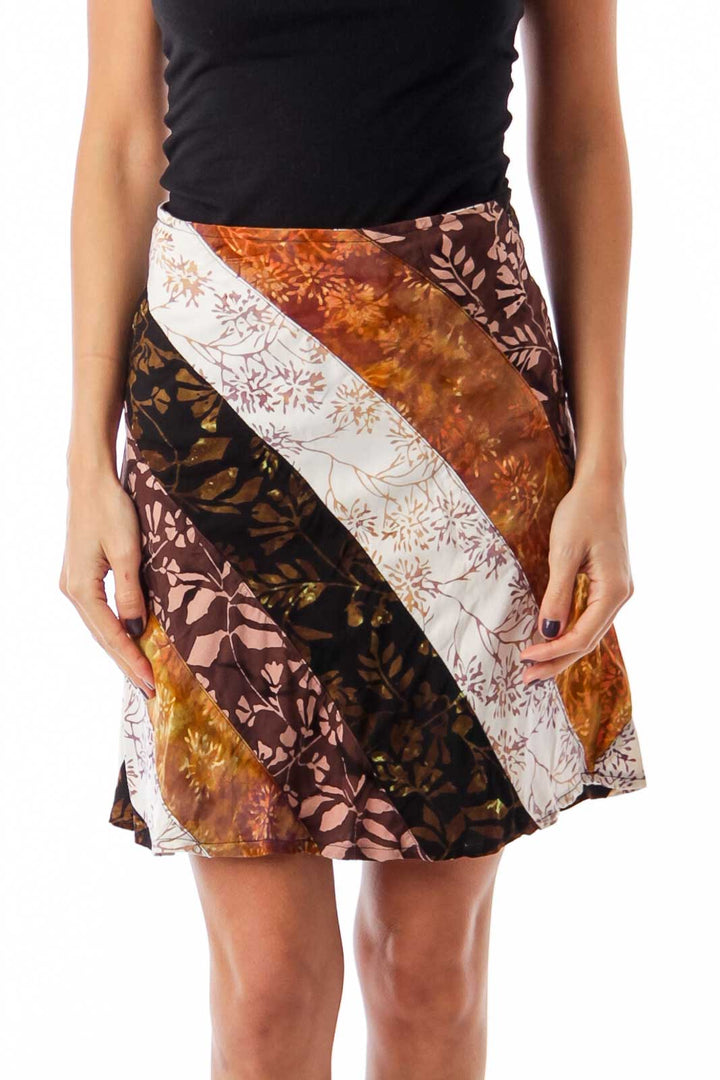 Brown & White Leaves Printed A-Line Skirt