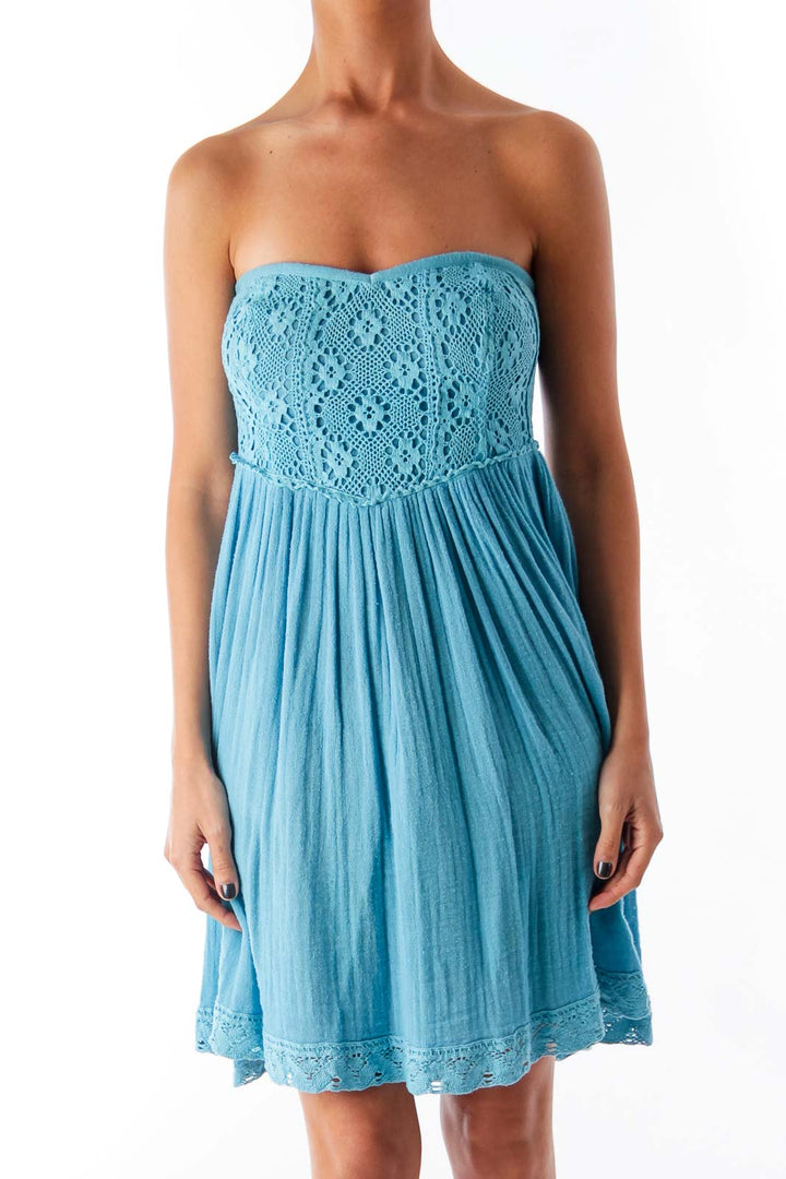 Blue Strapless Crochet Dress