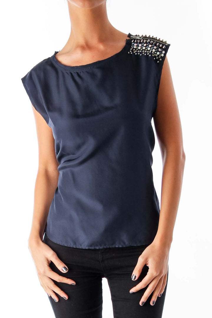 Navy Shoulder Embellished Top