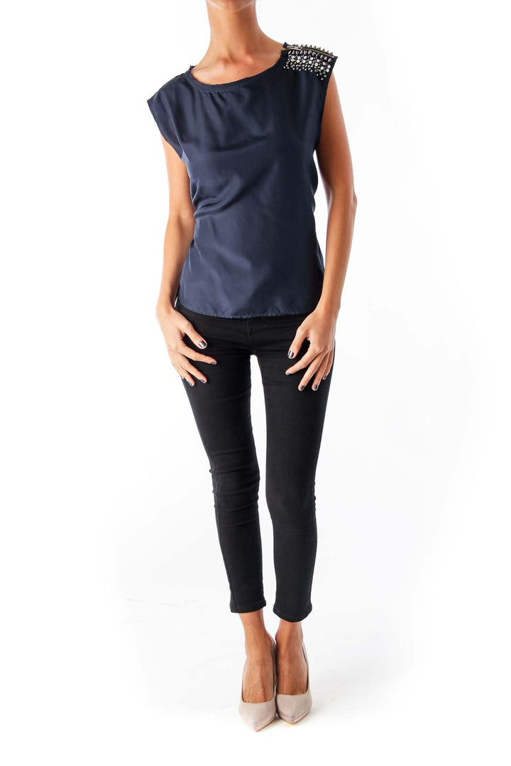 Navy Shoulder Embellished Top