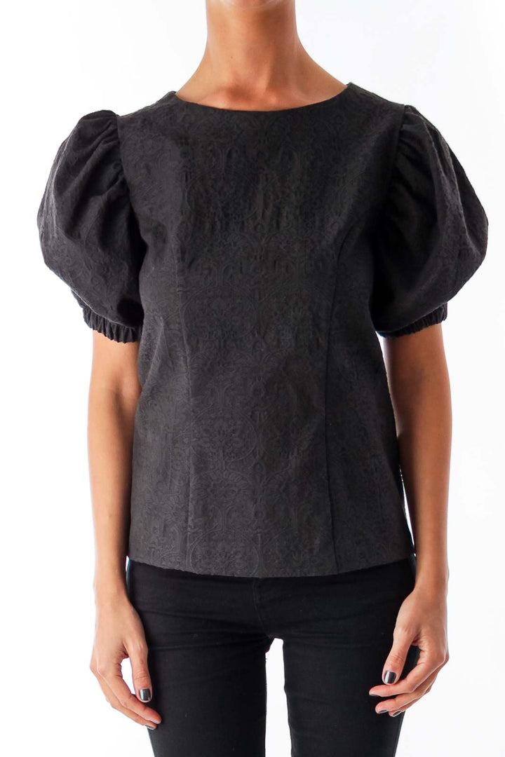 Black Jacquard Puff Sleeve Blouse