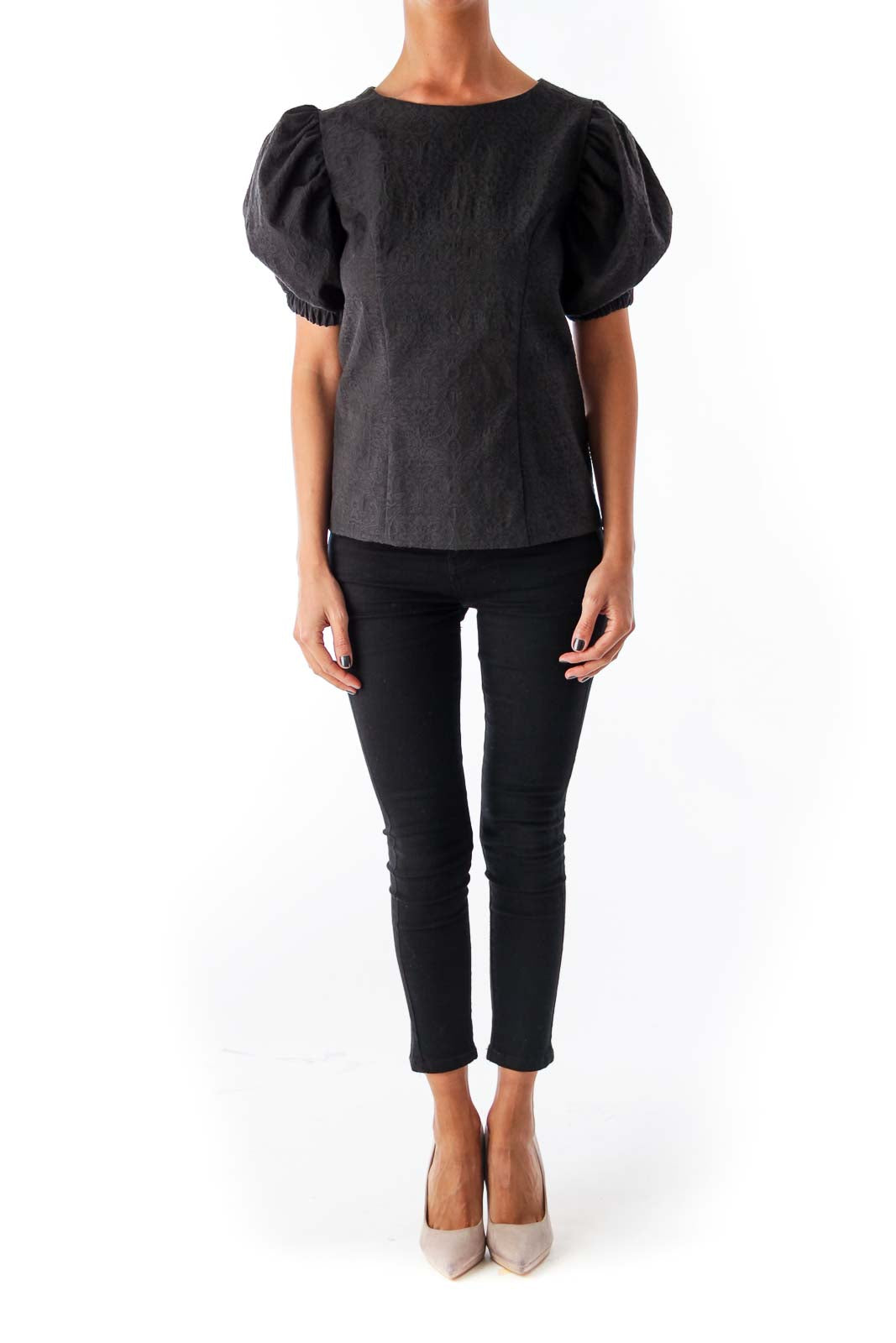 Black Jacquard Puff Sleeve Blouse