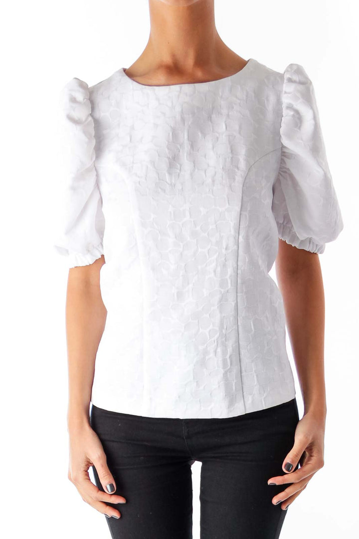 White Jacquard Puff Sleeve Blouse