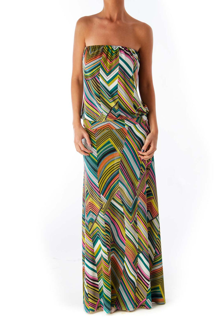 Print Chevron Long Strapless Dress