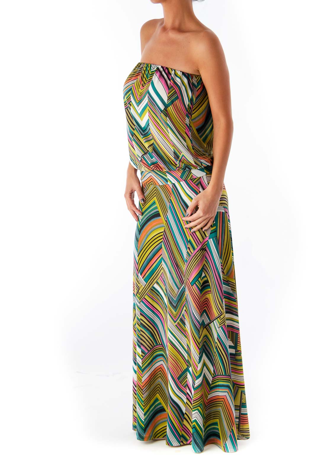 Print Chevron Long Strapless Dress