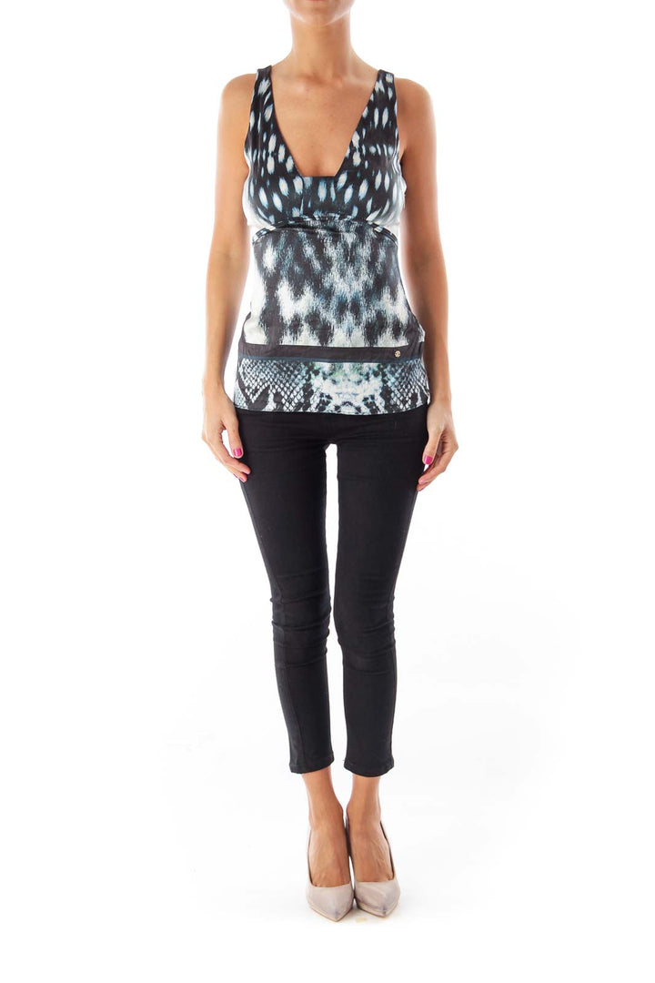 Blue & Black & White Print Top