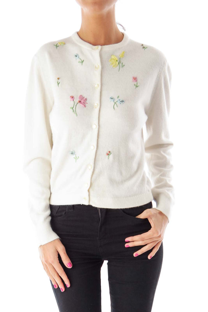 Beige Floral Embroidery Vintage Sweater