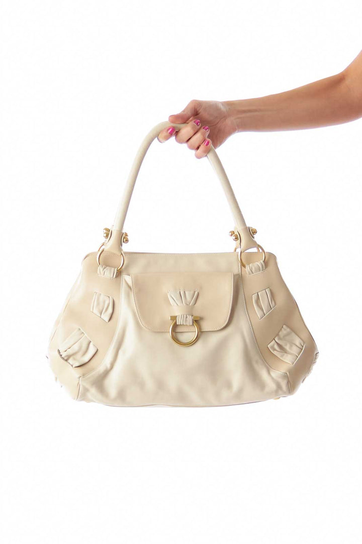 Beige Lock Large Shoulder Bag