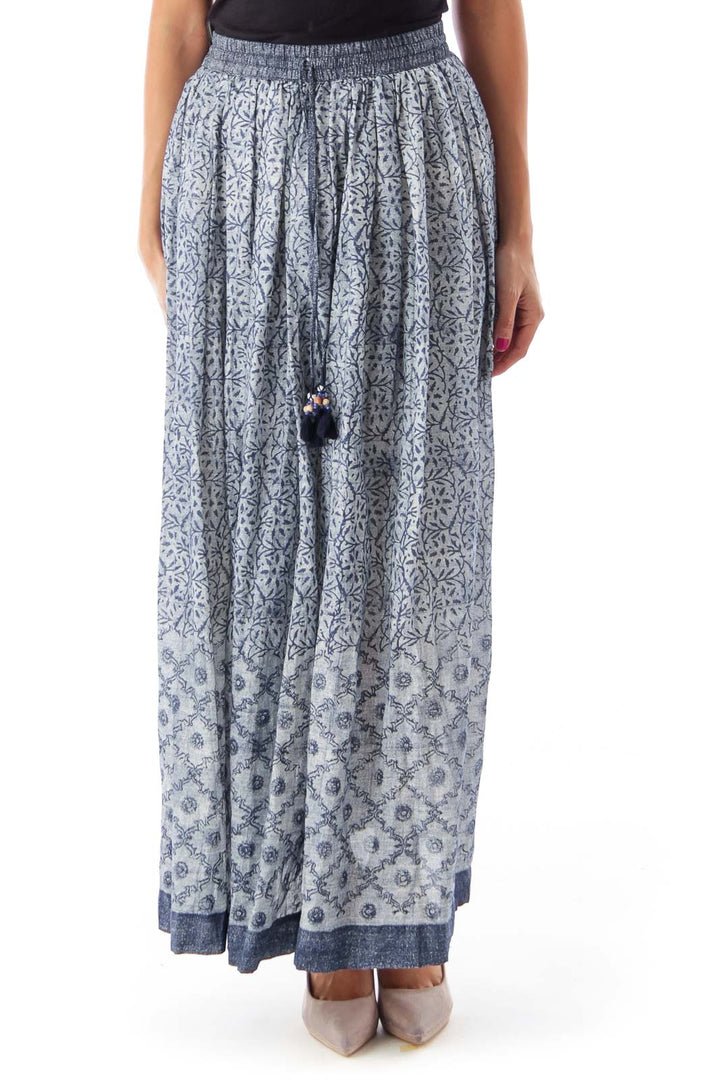 Blue Printed Elasticated Waist Long Skirt