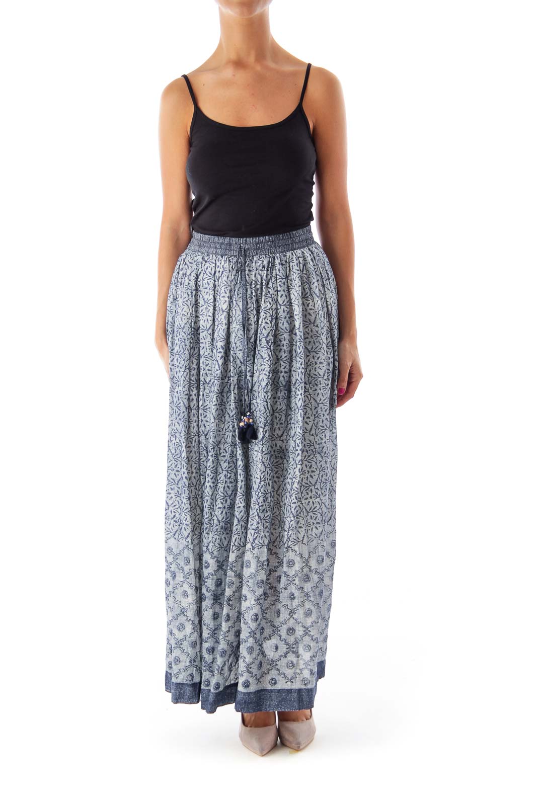 Blue Printed Elasticated Waist Long Skirt