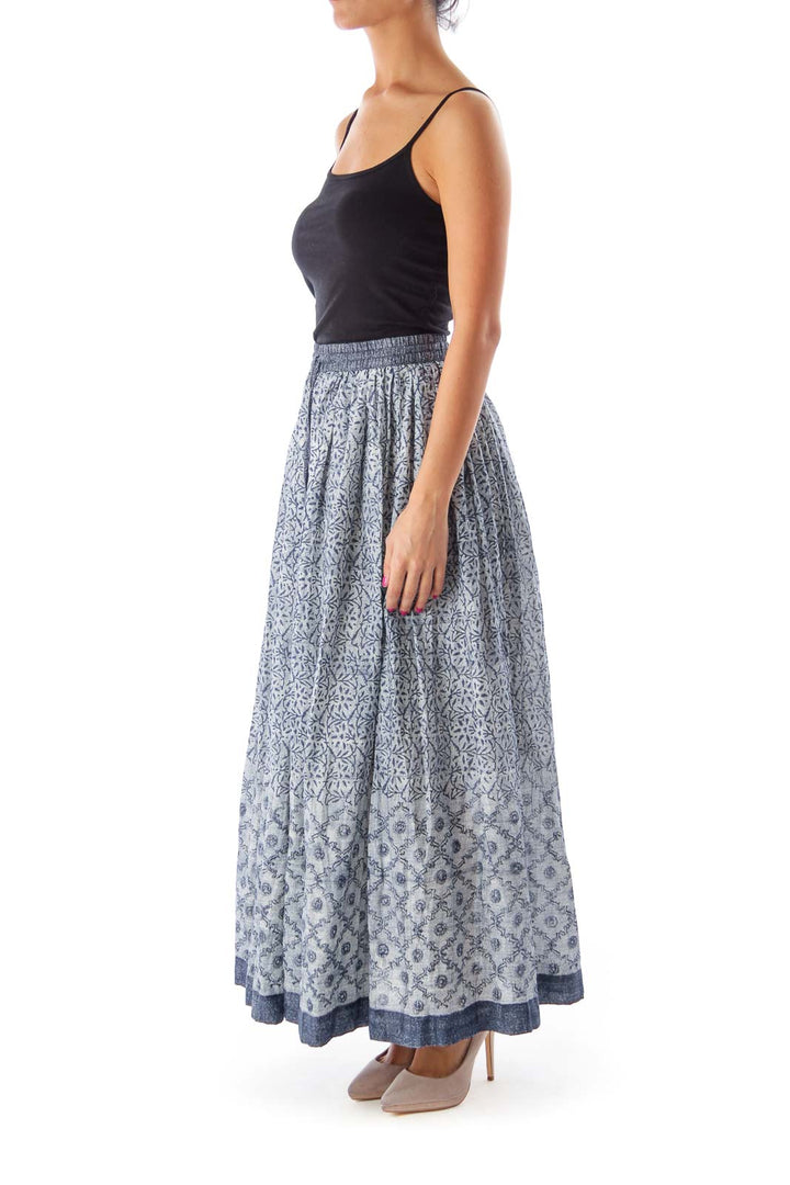 Blue Printed Elasticated Waist Long Skirt