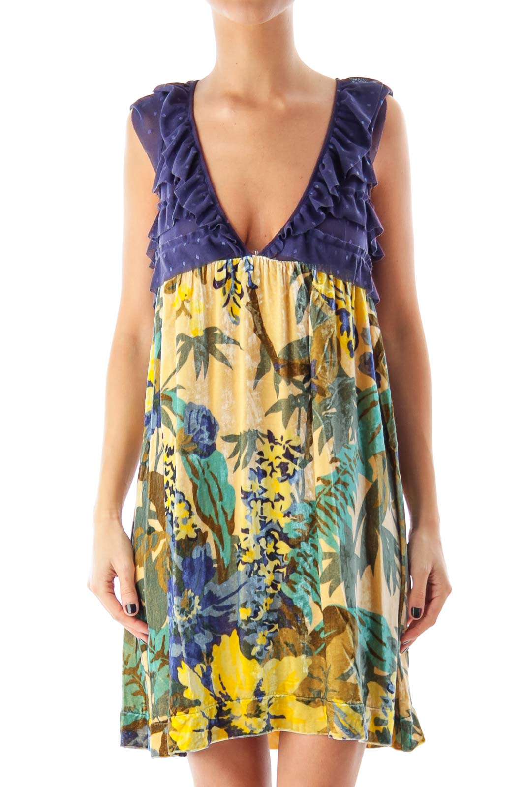 Front view of Free People navy and yellow floral mini dress with ruffled V-neckline