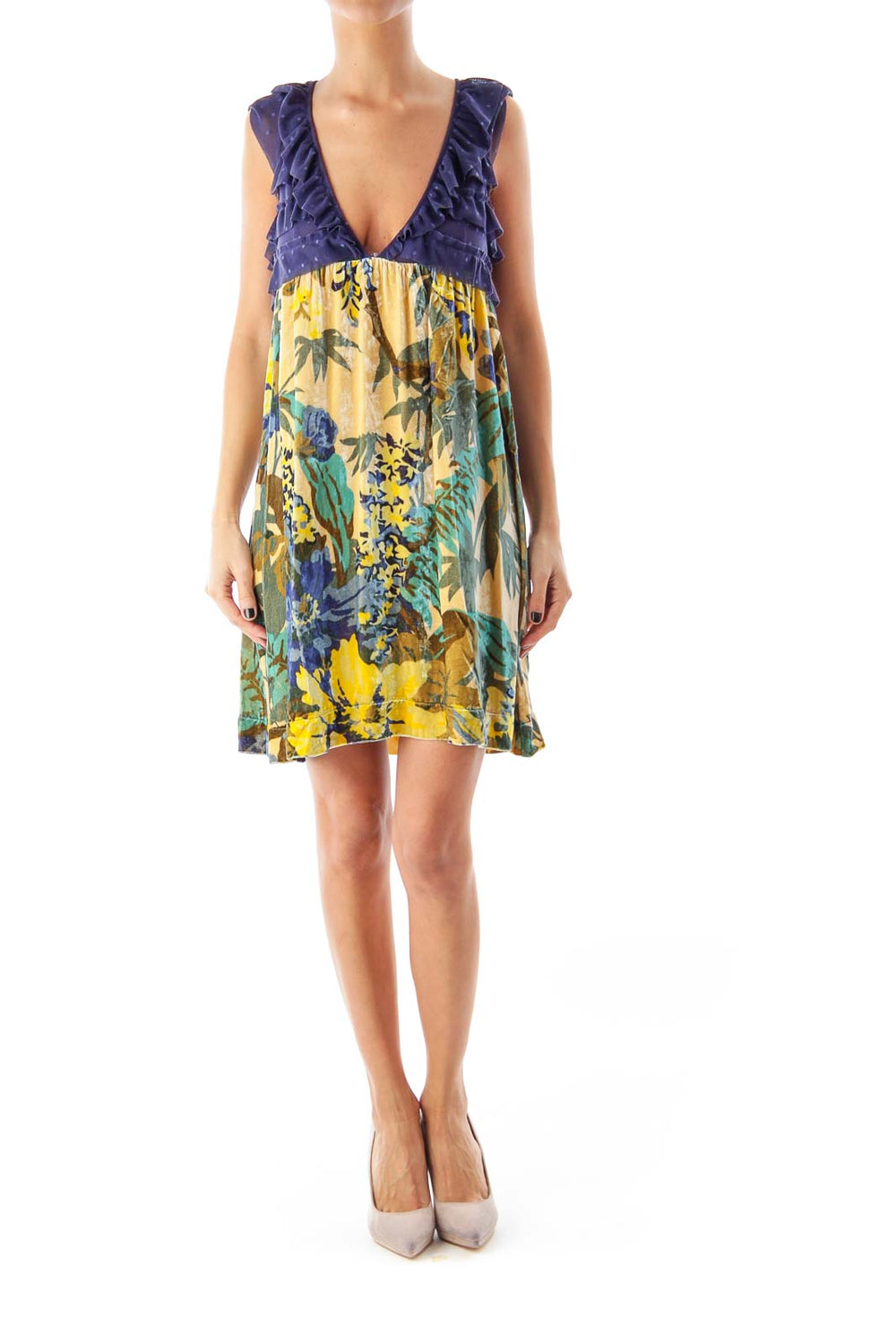 Front view of Free People navy and yellow floral mini dress with ruffled V-neckline