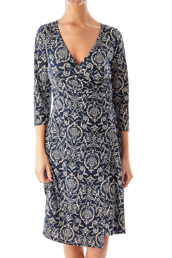 Navy & Beige Floral Print Wrap Dress