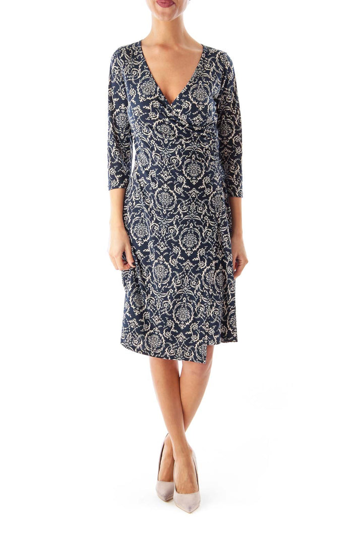 Navy & Beige Floral Print Wrap Dress