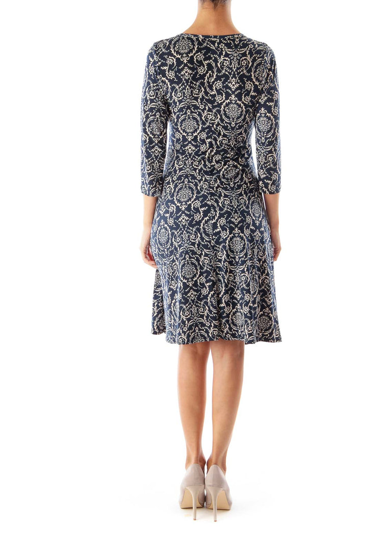 Navy & Beige Floral Print Wrap Dress