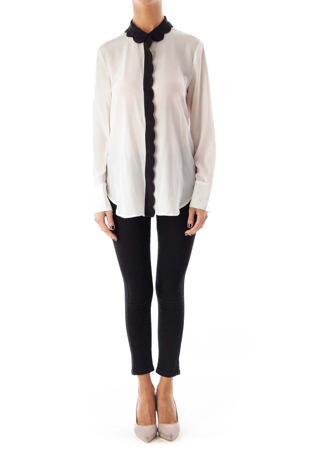 White & Black Scallop Trim Blouse