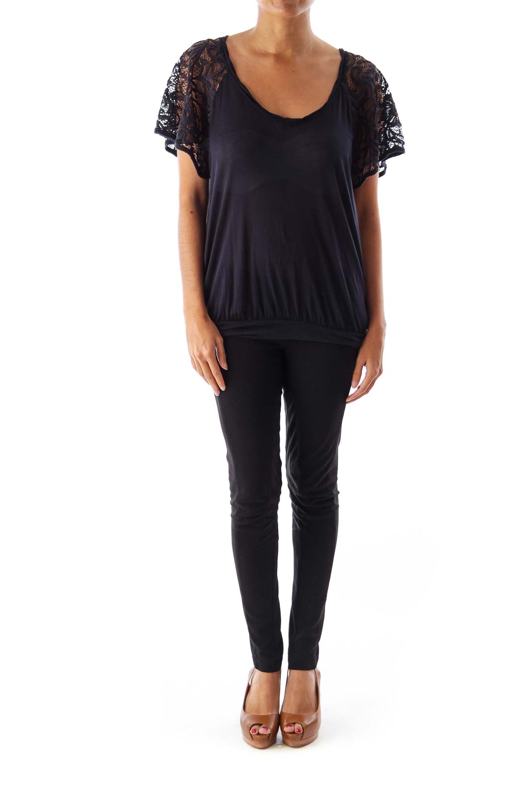 Front view of Free People black top with lace sleeves and scoop neckline