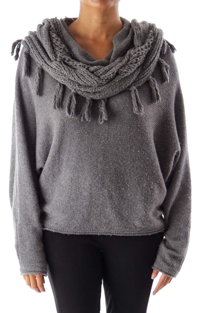 Gray Cowl-Neck Cable-Knit Pullover