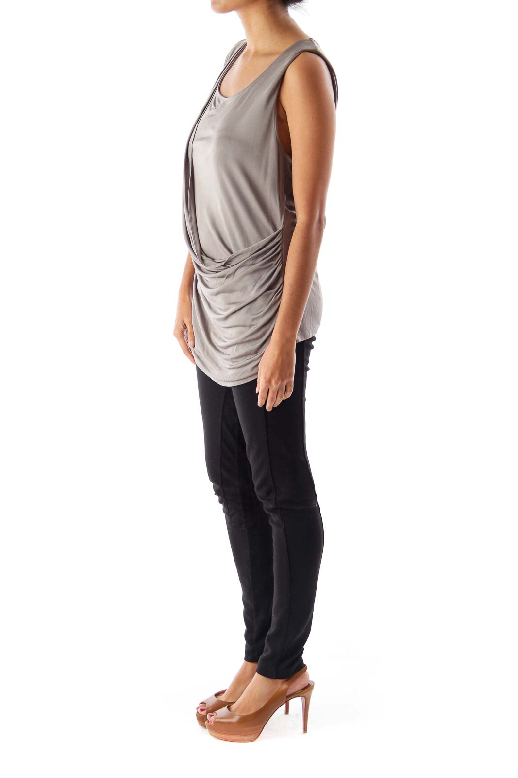 Gray Draped Sleeveless Blouse