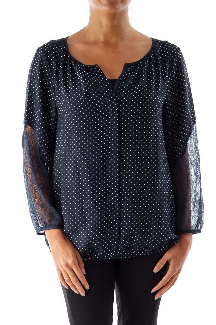 Navy Polka Dot  & Lace Blouse