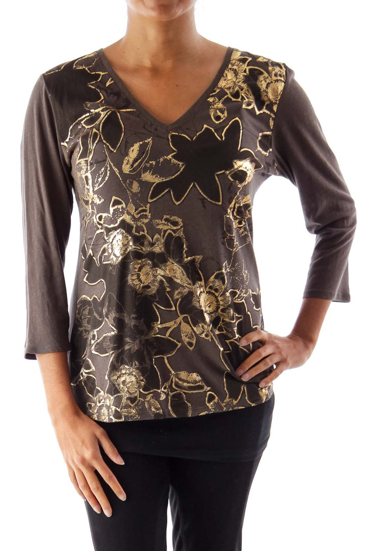 Brown & Floral Gold Print T-Shirt