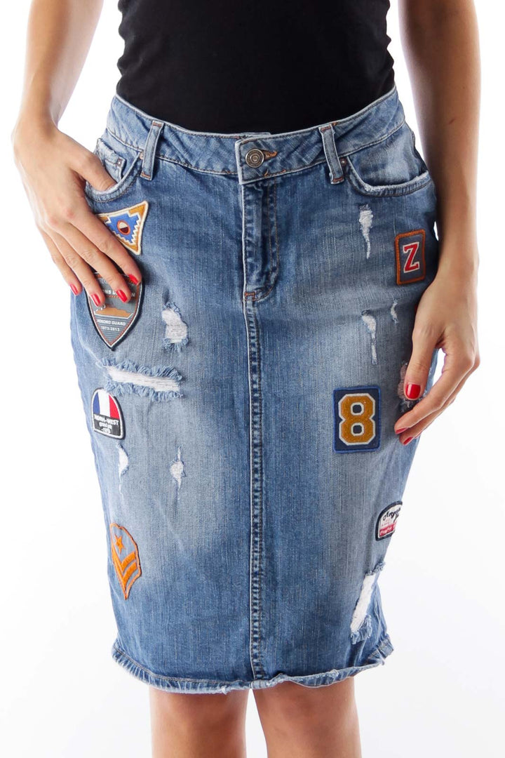 Blue Denim Patch Midi Skirt