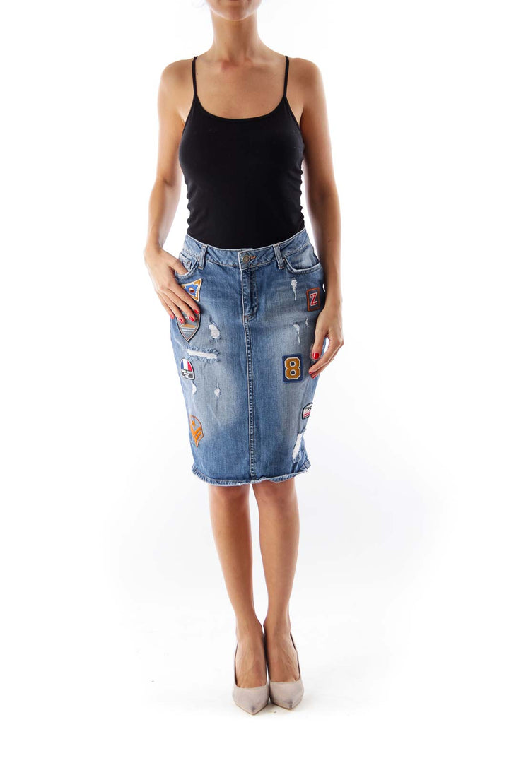 Blue Denim Patch Midi Skirt