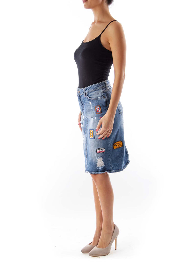 Blue Denim Patch Midi Skirt