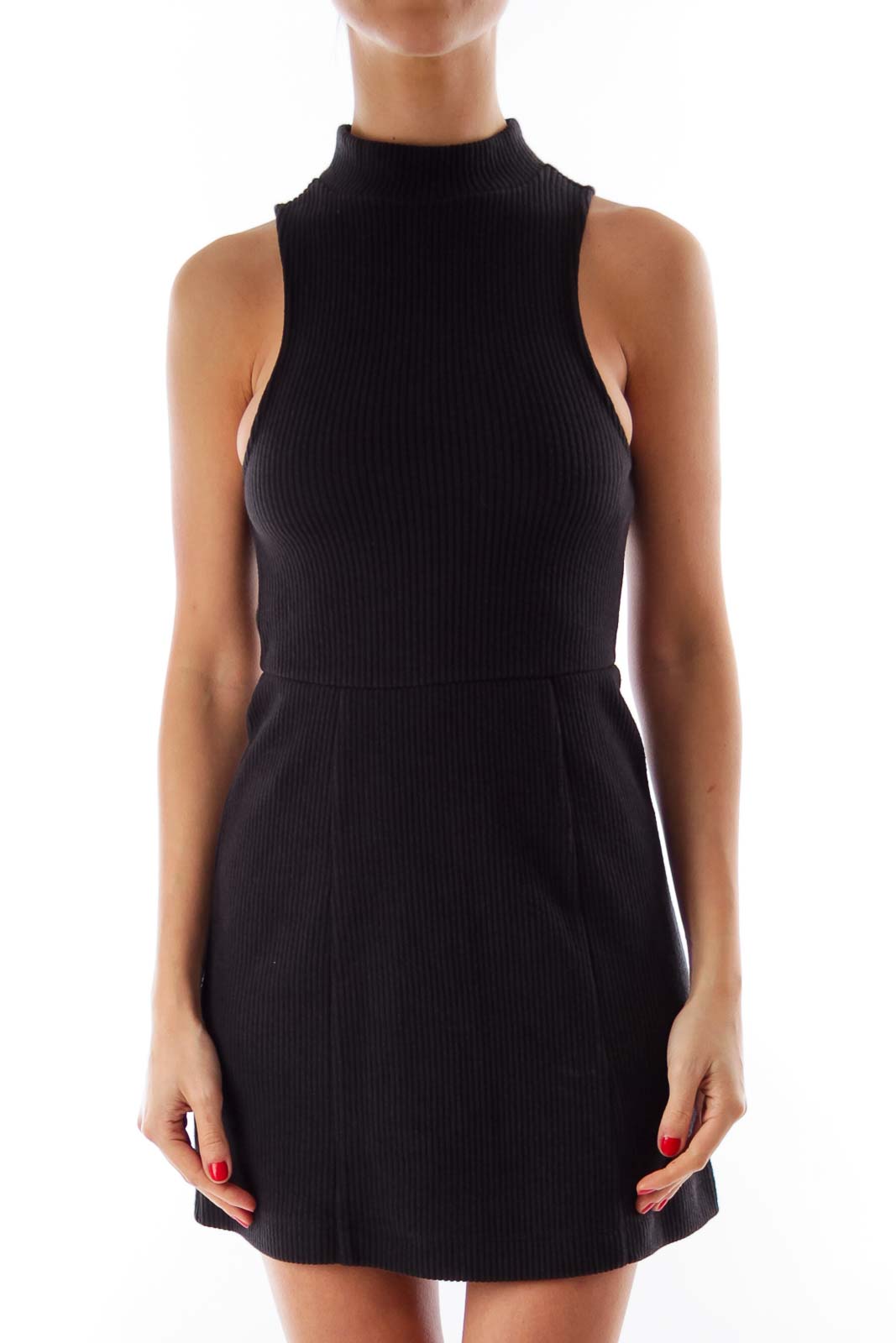 Front view of Free People black sleeveless mock neck mini dress