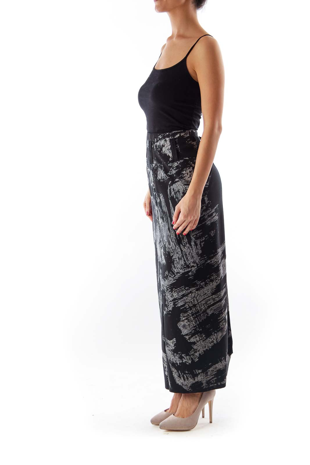 Black & Gray Print Midi Skirt