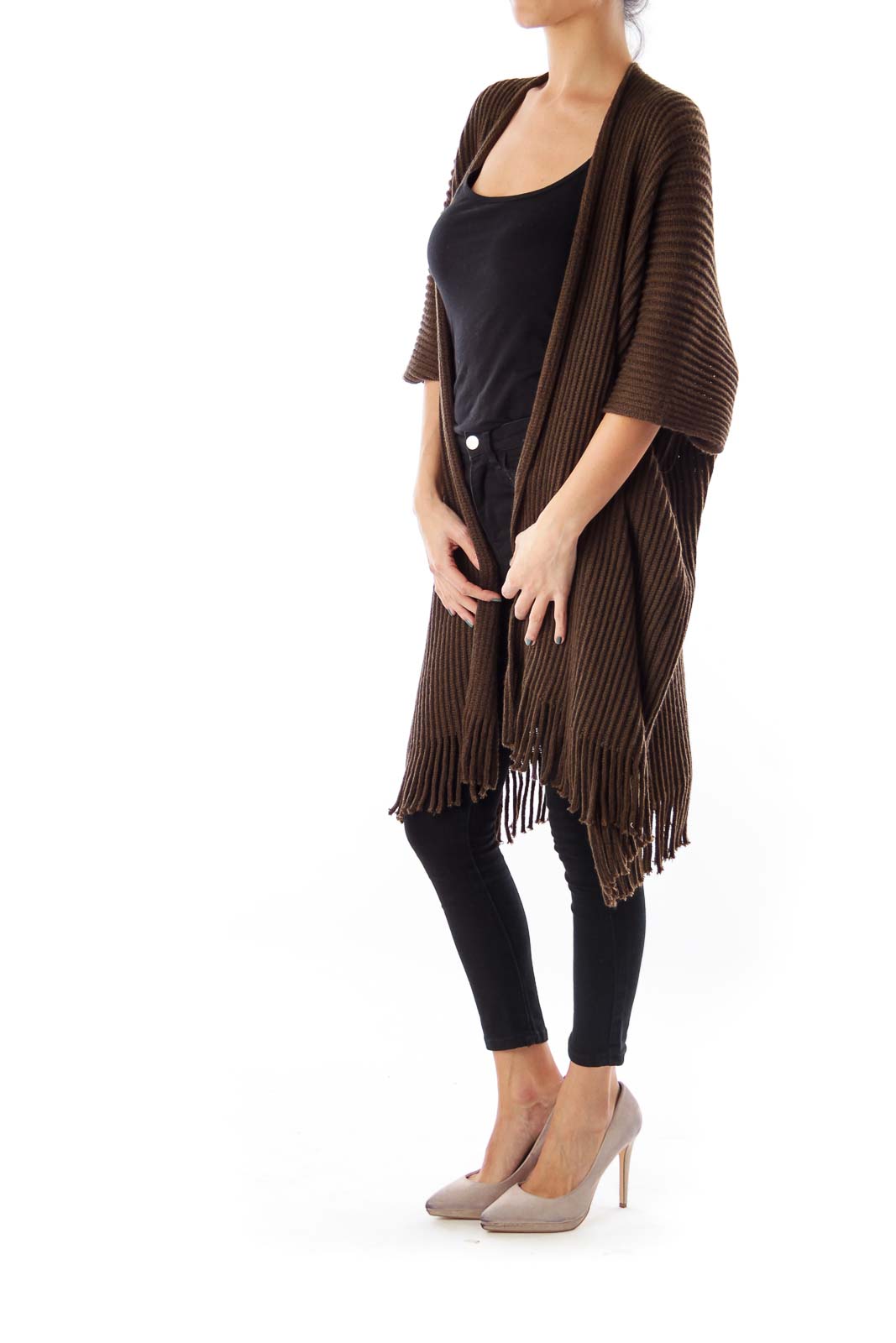 Brown Fringe Short Sleeve Cardigan