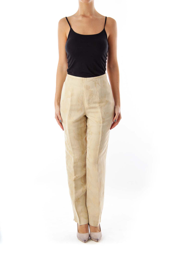 Beige Floral High Waist Pants