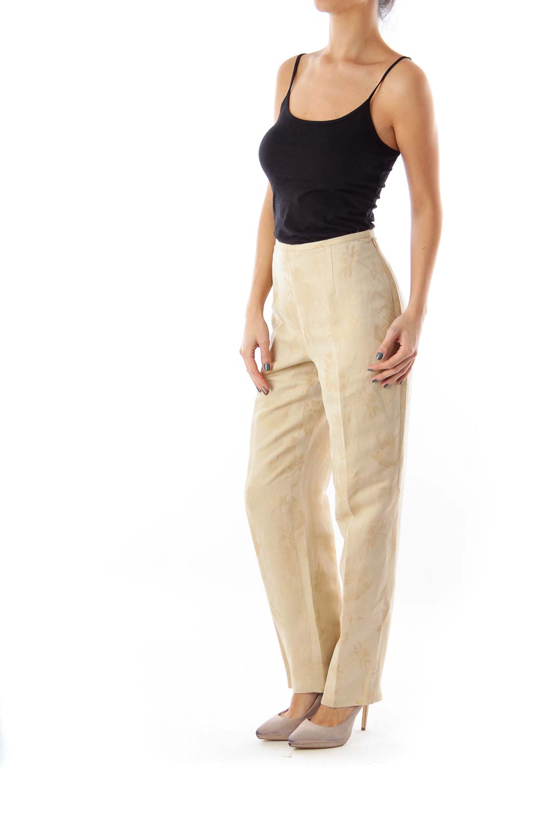 Beige Floral High Waist Pants