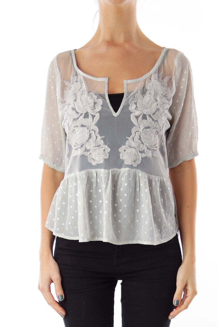 Gray Flower Embroidery Top