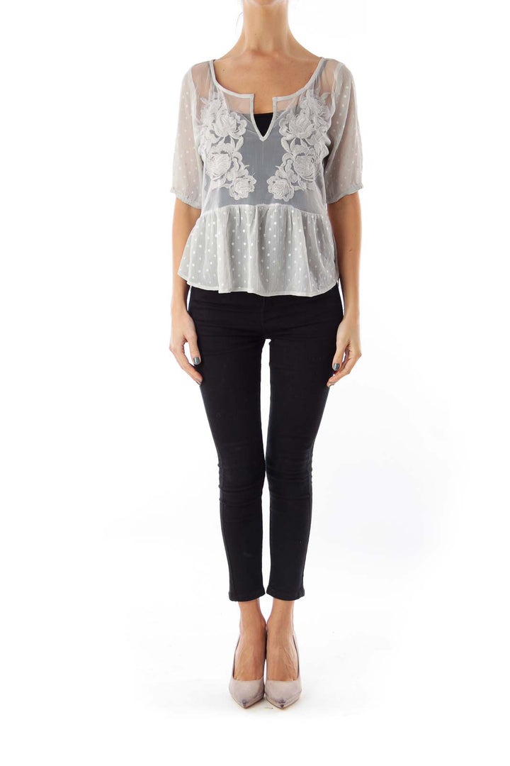 Gray Flower Embroidery Top