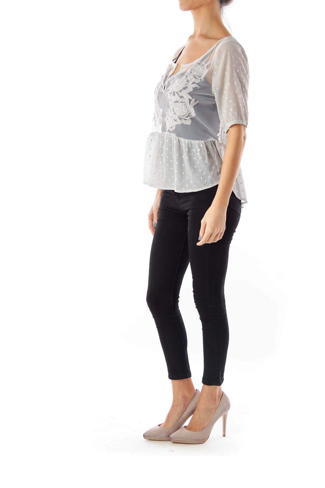 Gray Flower Embroidery Top